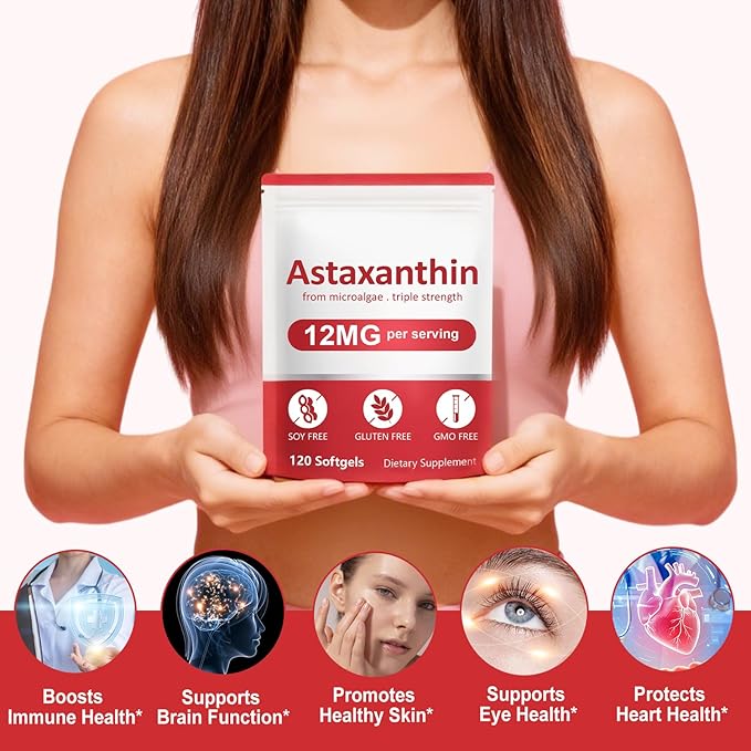 Astaxanthin Supplements,12mg Astaxanthin Natural Anti-Aging Formula - Supports Eyes, Joint, Internal Circulation & Skin Health, Non-GMO Non-Gluten