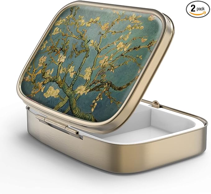 Pill Case Pill Box with Mirror Retro 2 Compartment Small Pill Case for Purse or Pocket Bronze Rectangular Pill Box or Vitamins, Fish Oil, Supplements, Pill Containe Travel Gifts（Vangogh Art）