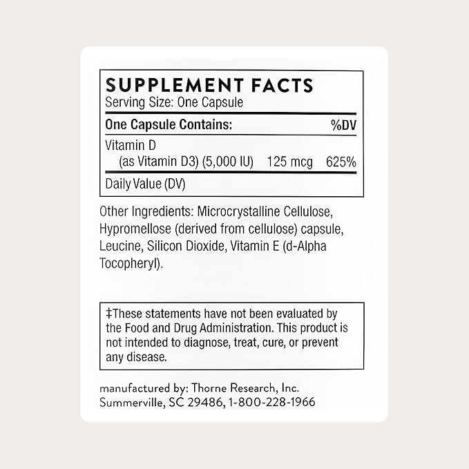 THORNE - Vitamin D-5,000 - Vitamin D3 Supplement - Supports Healthy Bones, Teeth & Muscles, Plus Cardiovascular & Immune Function* - NSF Certified for Sport - Gluten, Dairy & Soy-Free - 120 Capsules