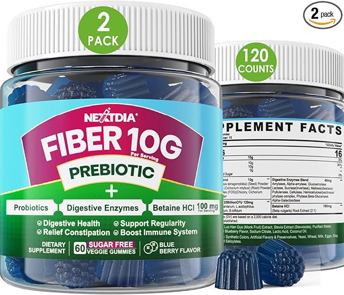 Fiber Gummies for Adults, Sugar Free 10g Prebiotic Fiber Supplement with Digestive Enzymes, Probiotics & 100mg Betaine for Digestive & Gut Health and Regulate Bowel Movement, Vegan, Gelatin Free,120ct