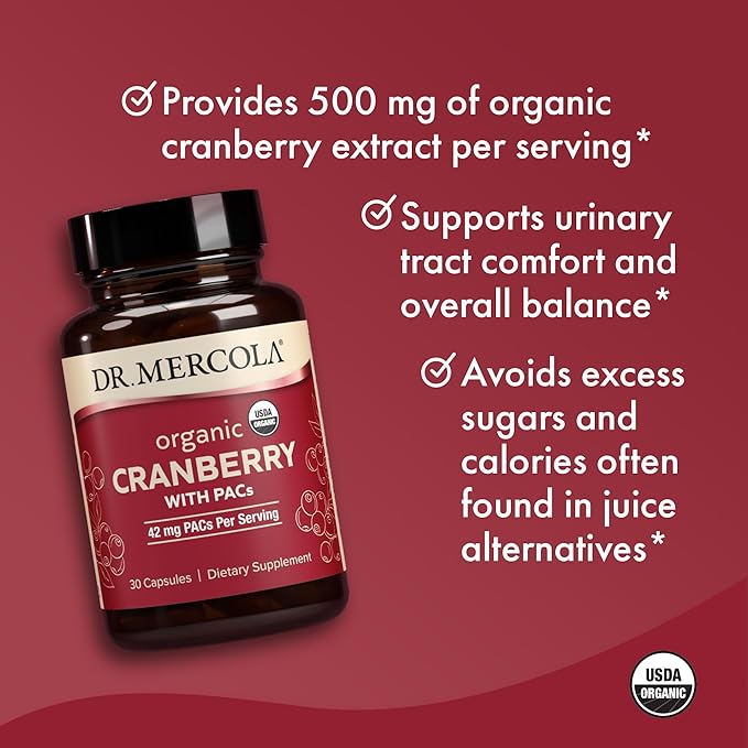 Dr. Mercola Organic Cranberry with PACs - Organic Cranberry Supplement for Urinary Tract Wellness* - Potent Antioxidants for Oxidative Stress Support* - Non-GMO, Gluten-Free, Soy-Free - 30 Capsules