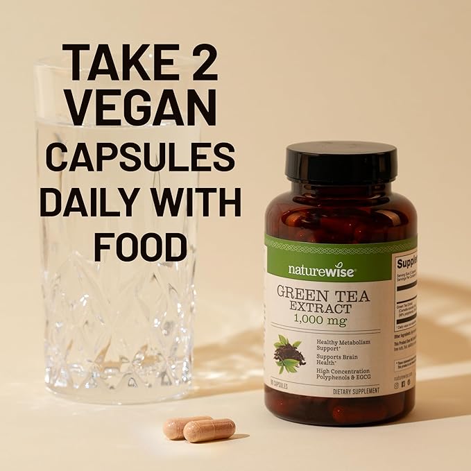 NatureWise Green Tea Extract Capsules 1000 mg - 50% EGCG & 98% Polyphenols - Extra Strength Green Tea Pills - Antioxidants for Heart Health & Energy - Vegan, Non-GMO - 120 Count[60-Day Supply]