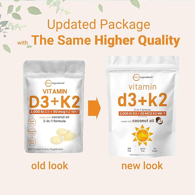 Micro Ingredients Vitamin D3 2,000 IU + K2 MK-7 50 mcg, 300 Softgels | Virgin Coconut Oil | 2-in-1 Support | Easy to Swallow, Non-GMO