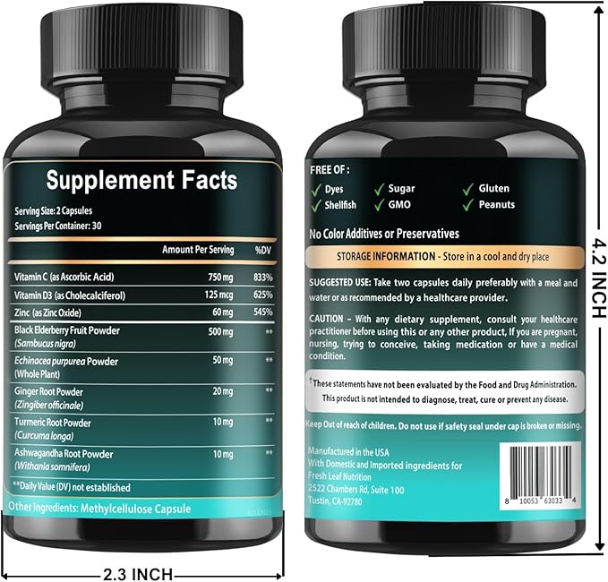 Elderberry Immune Support Supplement 8-in-1 Formula with Echinacea, Vitamin C & Zinc, Vitamin D 5000 IU, Turmeric, Ginger, Ashwagandha – 60 Capsules