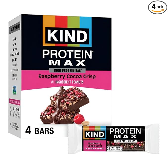 KIND Protein MAX, Raspberry Cocoa Crisp, 20g Protein, 1g Sugar, Low Sugar, High Protein Snack Bars, 4 Count