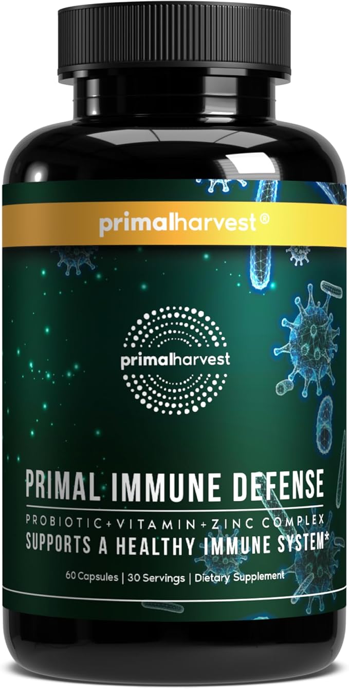 Primal Harvest Immune Defense 10-in-1 Supplement with Probiotics, Zinc, and Vitamins C, D3, K2, B6 Daily Immune Support for Adults
