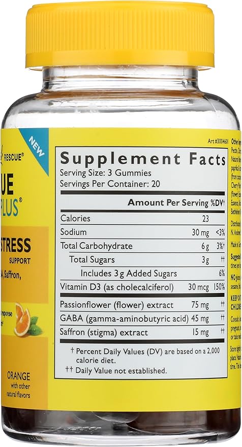 Bach Rescue Plus Mood & Stress Support Gummies, Daytime Dietary Supplement with Passionflower, GABA, Saffron & Vitamin D, Natural Orange Flavor, Vegan & Gluten-Free, 60 Count