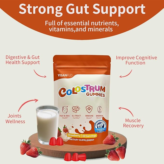 Colostrum Gummies | Delicious 1g per Serving Grass Fed Bovine Colostrum Supplement | Colostrum Chews for Gut Health, Immunity, Hair, Skin and Beauty | 60 Gummies, Strawberry Flavor
