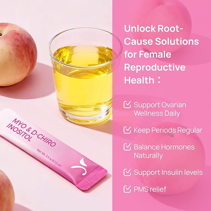 Gynable Pregina Myo-Inositol & D-Chiro Inositol Powder for Women - PCOS Fertility Support, Hormonal Balance, Regular Cycles | Patented Active Folic Acid, Vegan, Gluten-Free (30 Servings, Peach)
