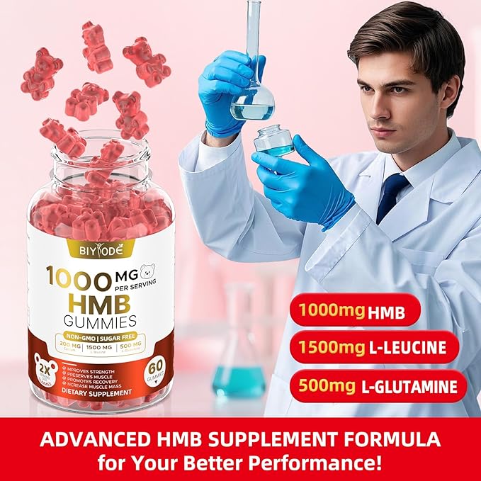 HMB Gummies for Women 1000mg HMB: 1500mg L-Leucine 500mg L-Glutamine Muscle & Bone Support with Calcium Sugar-Free Non-GMO Strawberry Flavor 60 Gummies