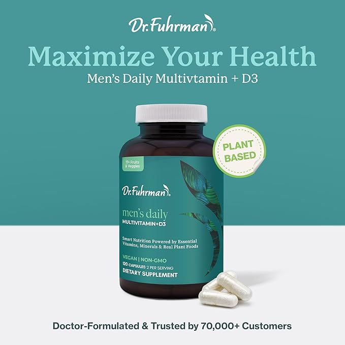 Dr. Fuhrman 2 Month Supply Multivitamin for Men + D3 Vitamin for Immune Support | Vegan Formula Womens Multivitamin with B12 & Zinc | Whole Food multivitamin with 17 Fruits & Veggies