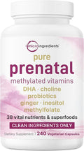 Micro Ingredients Pure Methylated Prenatal Vitamins for Women, 240 Veggie Capsules | 38-in-1 with DHA, Choline, Probiotics, Inositol, & Vitamin C, D, B Complex + Methylfolate, & Iron | No Fillers
