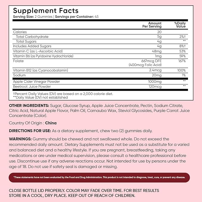 WeightWorld Apple Cider Vinegar Gummies 1000mg with The Mother + VIT C, B12-9-6, Beetroot | ACV Gummies - Digestion, Metabolism, Detox & Cleanse | Vegan Apple Cider Vinegar with Mother, 90 Count