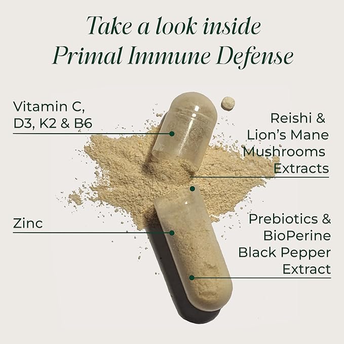 Primal Harvest Primal Immune Defense: 10-in-1 Immune Support with Probiotics, Zinc, Vitamins C, B6, D3 & K2, Immune Booster for Adults 60 Capsules (2-Pack)