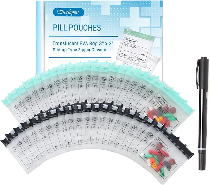 Serfeymi 72 Pcs Pill Pouch Bags for Travel Reusable Plastic Bags 3"x3" 12 mil (Double Sided) Translucent Zipper Pill Pouches for Medicine with Slide Lock & Writable Label, 1x Marker-Green+Black