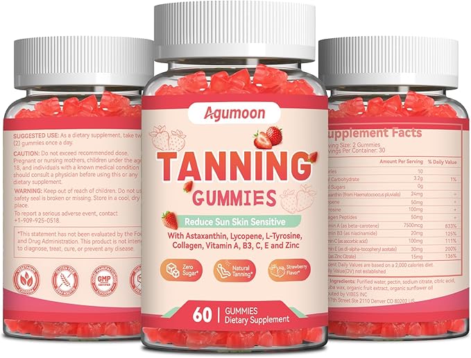 Tanning Gummies for Women and Men, Self Tan Supplement with Beta Carotene, Lycopene, Astaxanthin, Collagen & Vitamins, for Skin Health & Pigmentation, Vegan - 60 Gummies