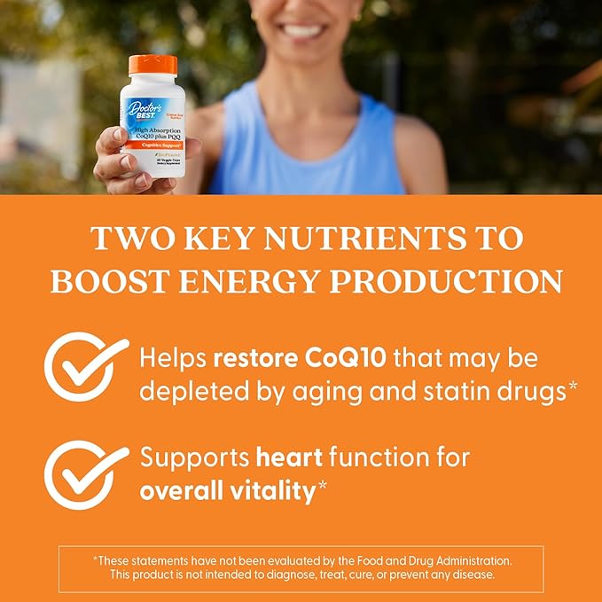 Doctor's Best High Absorption CoQ10 with PQQ Supplement - Coenzyme Q10 Caps for Heart Health & Cognitive Support, Naturally Fermented CoQ10 100mg for Women & Men, Non GMO, Vegan - 60 Veg Capsules