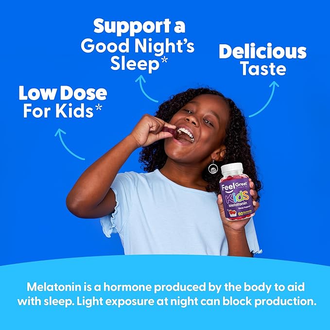 Feel Great Kids Melatonin Gummy | Strawberry Flavored Melatonin Gummies Kids | 1 MG of Melatonin Sleep Aid for Kids | Vegan Gummies | 60 Day Supply