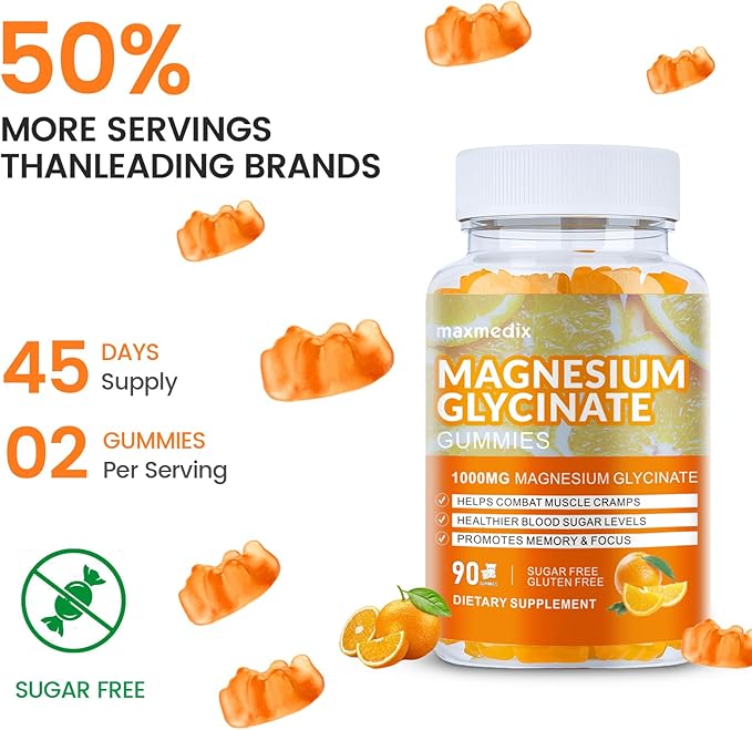 Magnesium Glycinate Gummies 1000mg, Sugar Free Magnesium Potassium Supplements Chewable for Adults with L-Threonate for Sleep, Body Support and Relaxation,90 Orange Gummies