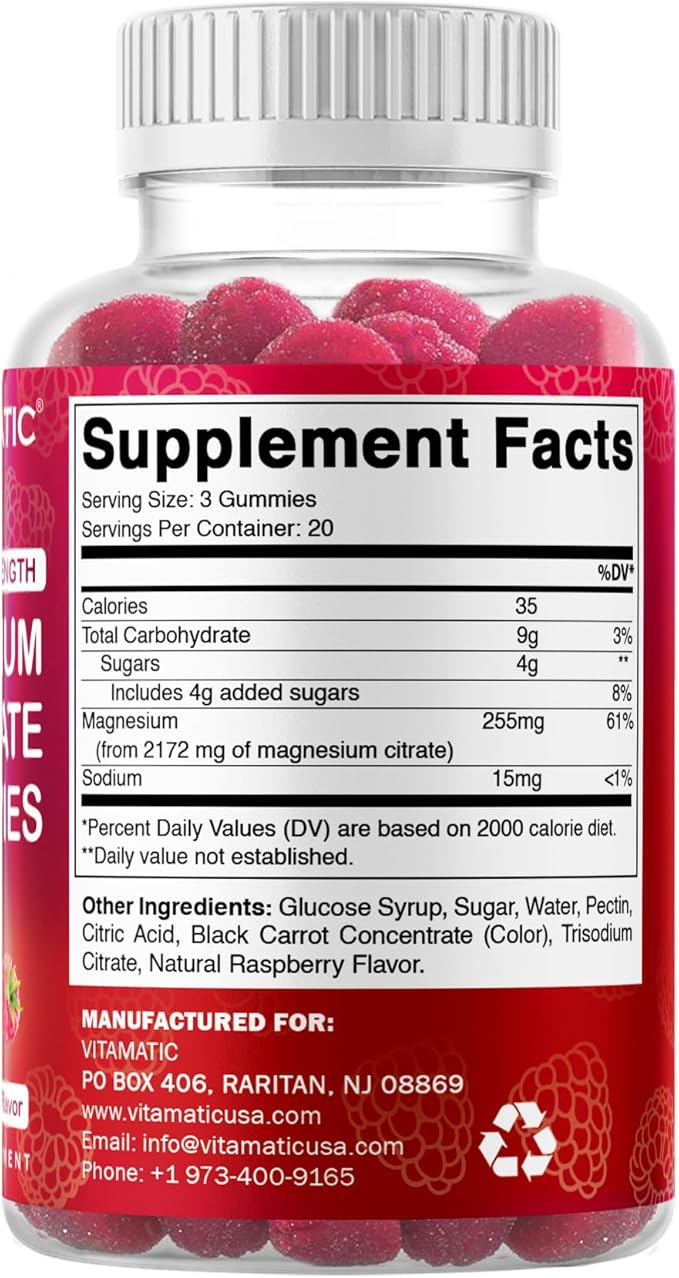Vitamatic Extra Strength Magnesium Gummies – 255 mg (Elemental Magnesium) per Serving – 60 Vegan Gummies Supports Relaxation, Muscle & Nerve Function, Bone Health & Energy Production