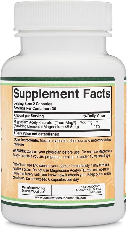 Magnesium Acetyl-Taurate (ATA MG, TauroMag) Novel and Patented Form of Magnesium for PMS and Cramp Relief (60 Capsules, 350mg) PMS Relief Magnesium Supplement by Double Wood Supplements