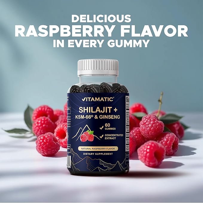 Vitamatic Shilajit with KSM-66® Ashwagandha & Ginseng Extract Gummies – Natural Raspberry Flavor – 60 Vegan Gummies - Made in USA
