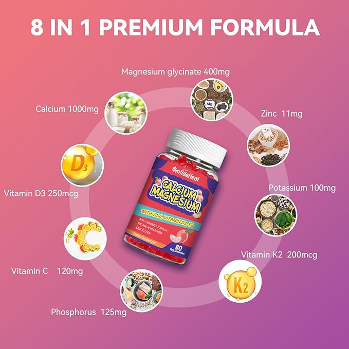 Calcium Magnesium Gummies 600MG, Calcium Magnesium Zinc Gummies with Vitamin D3 - High Absorption Complex Calcium Supplement, Vegan, 60 Counts