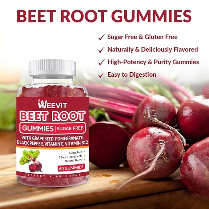 WEEVIT Beet Root Gummies, Nitric Oxide Supplement for Men Women | Organic Beet Gummy with Grape Seed, Pomegranate, Black Pepper, Vitamin C, B12