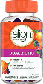 Align Dualbiotic, Prebiotics and Probiotics for Women and Men, Probiotics for Digestive Health, Prebiotics Help Nourish Good Bacteria, Natural Fruit Flavors, 60 Probiotic Gummies