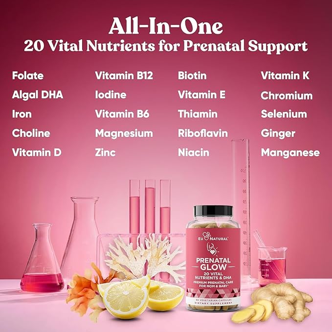 Eu Natural Glow Prenatal Vitamins for Women - 20-in-1 Prenatal Multivitamin with Folate & Vegan DHA - Supports Healthy Pregnancy, Fetal Development & Mom’s Comfort - 60 Vegetarian Capsules