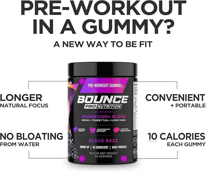 Bounce Pro Pre Workout Gummies – 50 Vegan Chewable Gummies with Caffeine, Lion’s Mane & L-Theanine for Energy, Focus & Endurance – Mushroom Preworkout for Men & Women – Black Razz Flavor