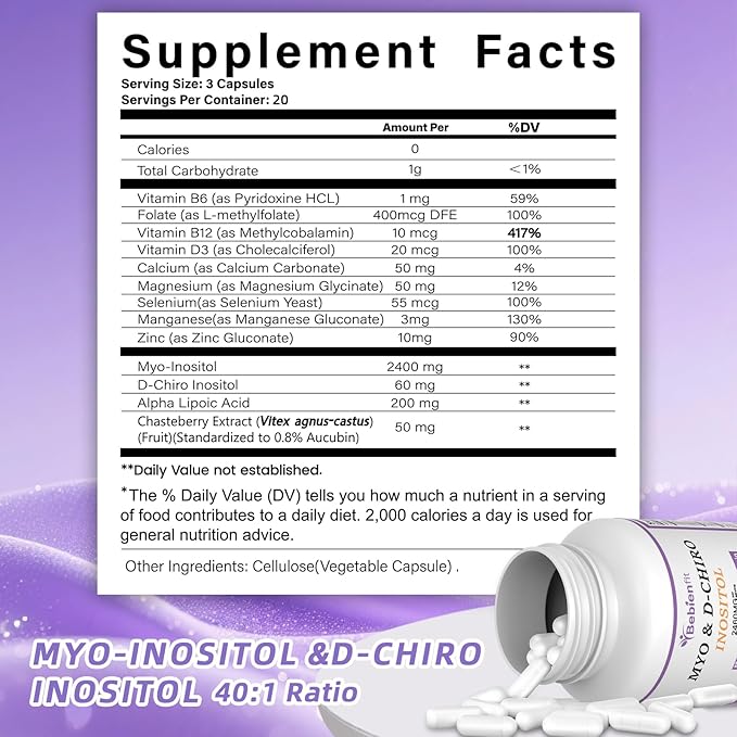 13-in-1 Myo Inositol & D-Chiro Inositol for Women,2460mg-40:1 Ratio Supplement Plus Alpha Lipoic Acid/Folate/Vitex/Magnesium,60 Vegan Capsules