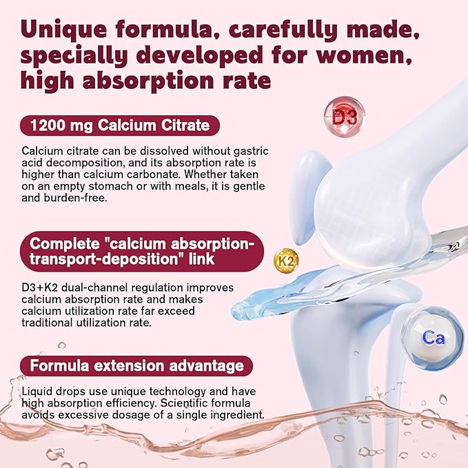 (4 Pack) Calcium Citrate with Vitamin D3 Liquid Drops for Women - Bones, Teeth, Immune Support, 1200mg Calcium Citrate Liquid Drops with Vitamin D3 K2, Vegan, Sugar-Free, 1 Fl Oz
