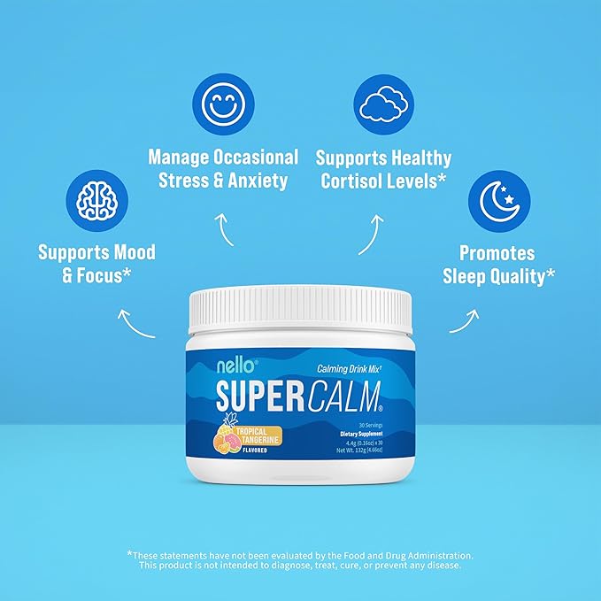 Nello Supercalm Powdered Drink Mix Tub, Cortisol Reducer* and Sleep Aid Supplement, L Theanine, Ksm-66 Ashwagandha, Magnesium Glycinate, Vitamin D 3, No Sugar, Non GMO, 30 Ct, Tropical Tangerine