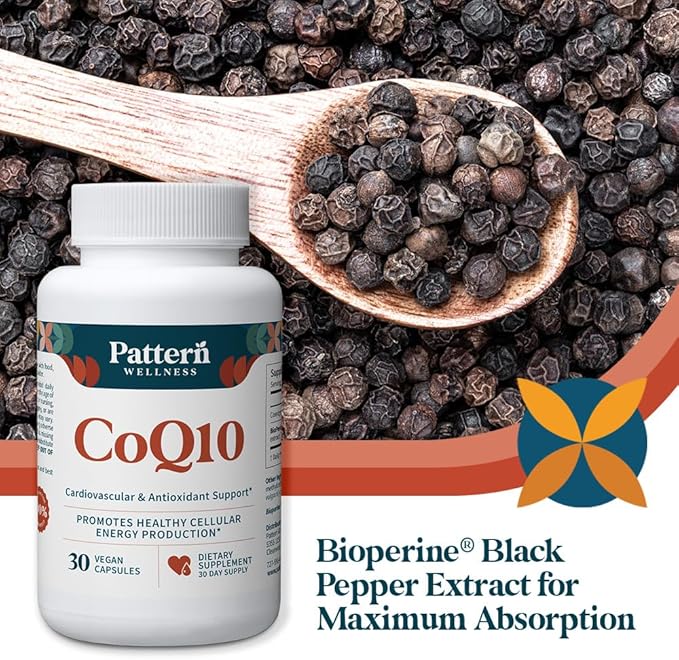 Pattern Wellness CoQ10 – 200mg Ubiquinone with BioPerine® Black Pepper Extract – Cellular Energy & Vitality Support – Non-GMO – 30 Vegan Capsules*