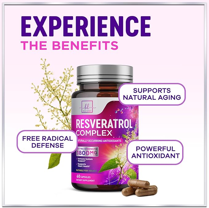 Resveratrol Blend 1800mg per Serving Supplement - Extra Strength Antioxidant Complex for Healthy Aging & Immune Support, Heart Health & Energy Support, Bioavailable Trans-Resveratrol - 60 Capsules
