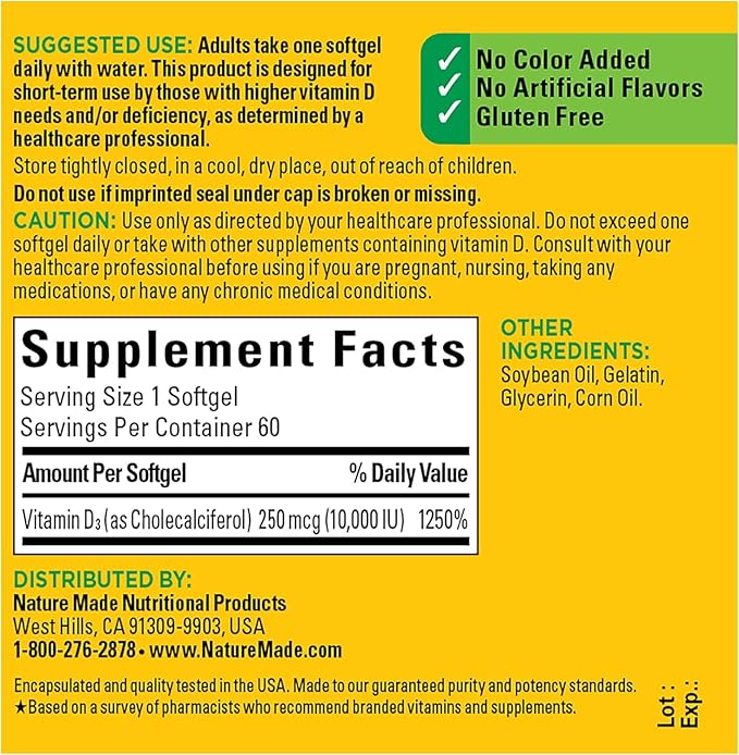 Nature Made Maximum Strength Vitamin D3 10000 IU (250 mcg), Dietary Supplement for Bone, Teeth, Muscle and Immune Health Support, 60 Softgels, 60 Day Supply - Pack of 2