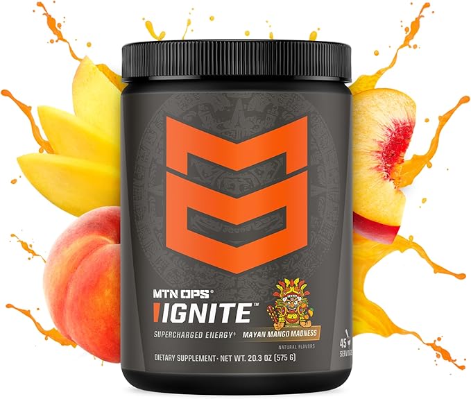 MTN OPS Ignite Sugar Free Energy Drink Powder with 200mg Caffeine, Nootropic Blend for Energy, Focus & Endurance, L Arginine & L Citrulline Pre Workout, 45 Servings, Mayan Mango