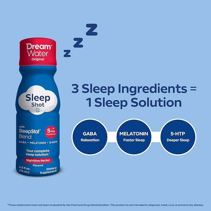 Dream Water Sleep Aid Supplement Drink; Melatonin 5mg, GABA, 5-HTP; Zero Sugar, Natural Flavors, No Added Colors, 2.5 oz Liquid Sleep Shots, Nighttime Nectar, 12-Count