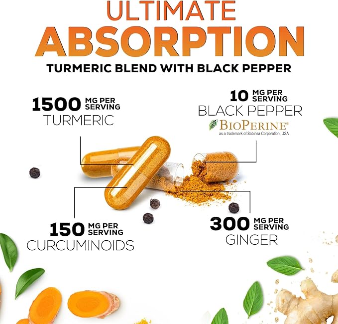 Turmeric Curcumin Supplement - 95% Curcuminoids with Organic Turmeric & Ginger, BioPerine Black Pepper Extract for Best Absorption, Natural Vegan Joint Support, Non-GMO, Bottled in USA - 120 Capsules