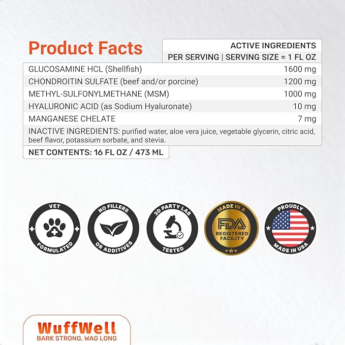 WuffWell Liquid Glucosamine for Dogs Hip & Joint Support with Chondroitin, MSM & Hyaluronic Acid, Dog Joint Supplement for Mobility & Cartilage Health, Easy Pump Dosage, All Breeds, Made in USA, 16oz