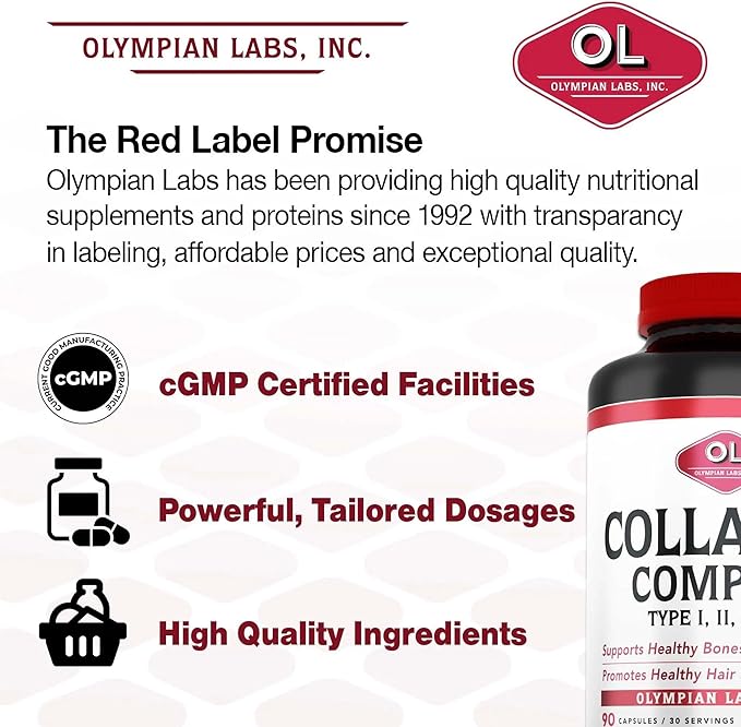 Olympian Labs Multi Collagen Complex Type I, II, III, V, X, Hair, Nails, Joint, Gut Health, 90 Caps, 30-Day Supply