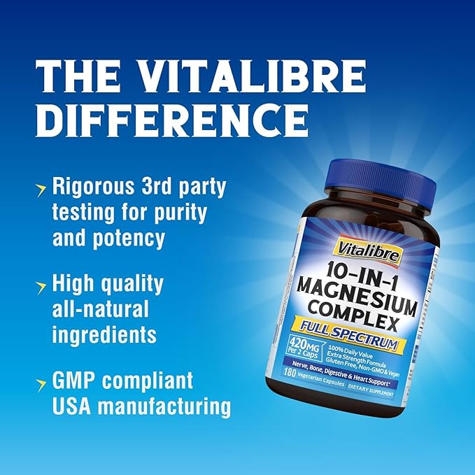 10 in 1 Magnesium Complex, 420mg Elemental Magnesium | Ultra Strength, Max Absorption | Chelated Magnesium Supplement for Nerves, Bone & Heart Health | Non-GMO, 180 Vegan Capsules