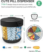HIONXMGA Large Pill Dispenser, Portable Pill Bottle Organizer for 7 Vitamins, Anti-Mix Supplement Organizer with Easy Twist Wide Opening, BPA-Free Pill Container, 20 Pcs Labels Included, Black