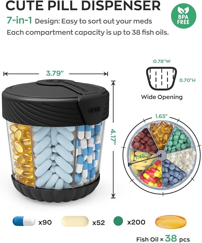 HIONXMGA Large Pill Dispenser, Portable Pill Bottle Organizer for 7 Vitamins, Anti-Mix Supplement Organizer with Easy Twist Wide Opening, BPA-Free Pill Container, 20 Pcs Labels Included, Black