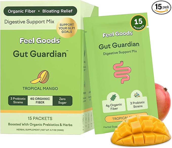 Feel Goods Gut Guardian, Gut Health Powder Packets - Probiotic Fiber Powder with Prebiotics & L Glutamine for Digestive Health, Bloating Relief & Digestion Support - Zero Sugar & Organic Flavor