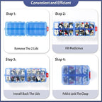 Foldable Weekly Pill Organizer 2 Times a Day with 2 Extra Compartments (Clear Printed Labels) - 7 Day AM PM Medicine Box, Week Daily Travel Pill Case Holder for Vitamin, Supplement - Clear Blue