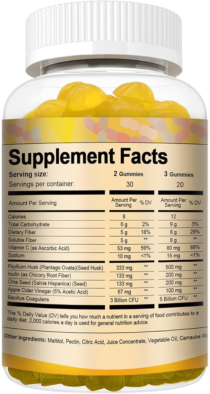 Totaria 9-in-1 Probiotic Fiber Gummies for Adults Teens 16G Fiber per Serving, Psyllium Fiber Supplement with 5 Billion CFU Bacillus Coagulans, Inulin, ACV for Digestion Gut Immunity - 60 Gummies