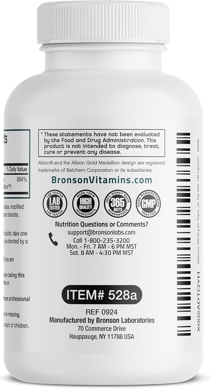 Bronson Selenium 200 mcg – Yeast Free Chelated Amino Acid Complex - Essential Trace Mineral with Superior Absorption, 100 Vegetarian Capsules
