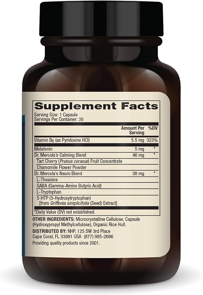Dr. Mercola Sleep Support with Melatonin - Supports Restful Sleep & Relaxation - Melatonin with L-Theanine, 5-HTP, GABA & Chamomile - 30 Capsules - 5 mg